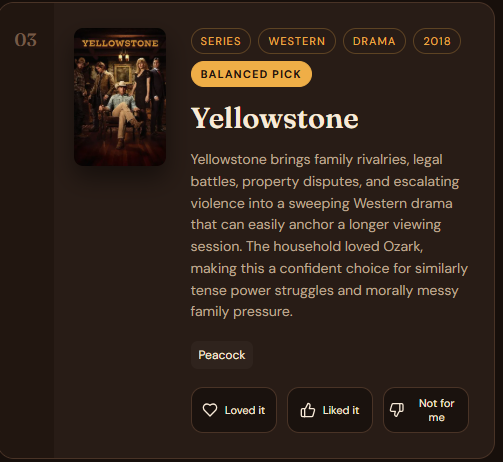 A real Jambalaya result recommending Yellowstone as a balanced pick, with a personalized explanation of why it fits